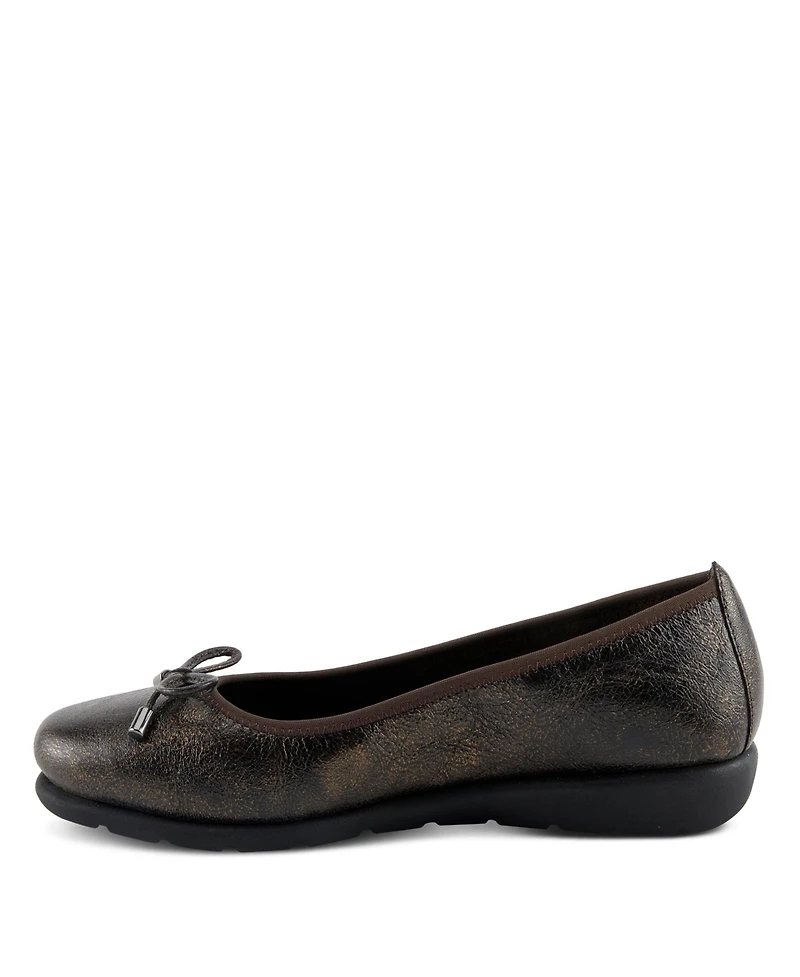 Spring Step Women's Chesser Ballet Flats With Metallic Finish, Feminine Bow, and Removable Insole