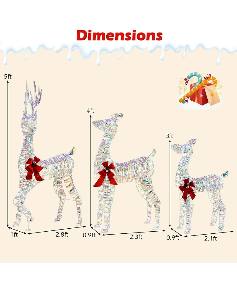 3-Piece Large Lighted Christmas Reindeer Family with Led Lights & Bows Buck