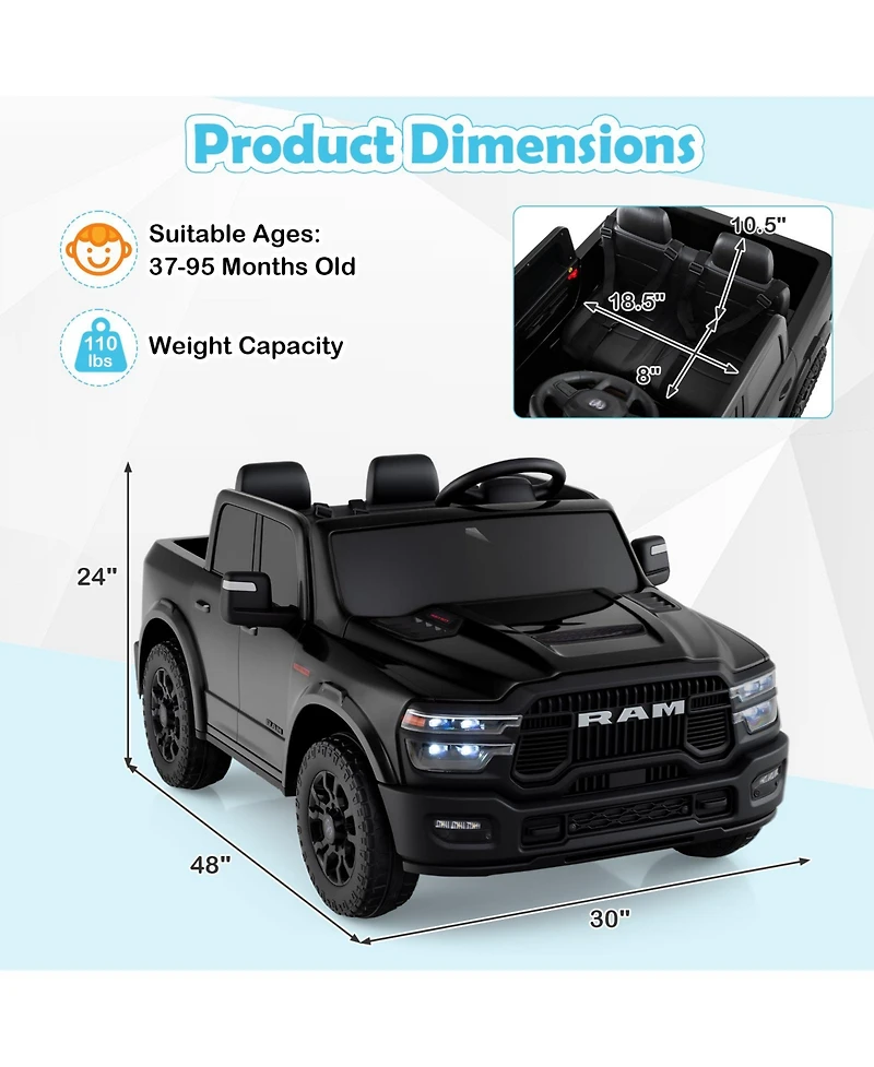Gymax 24V 2 Seater Ride on Truck w/Remote Control 3 Speeds Bluetooth Led Headlight