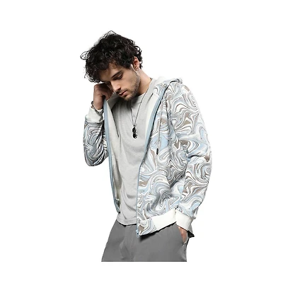 Campus Sutra Men's Icy Blue & Olive Green Contrast Fluid Zip Front Hoodie