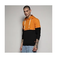 Campus Sutra Men's Black & Mustard Yellow Pullover Hoodie With Ribbed Hem