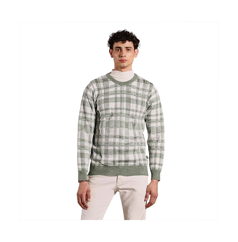 Campus Sutra Men's Olive Green Plaid-Jacquard Knit Pullover Sweater