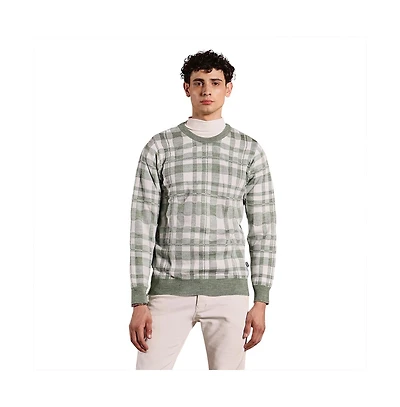 Campus Sutra Men's Olive Green Plaid-Jacquard Knit Pullover Sweater