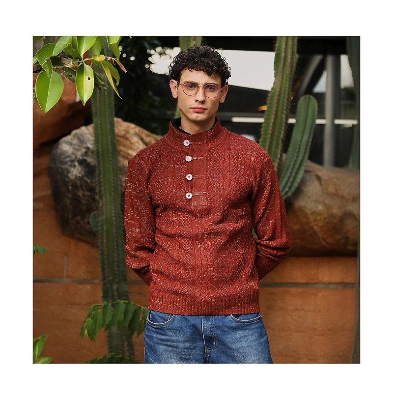 Campus Sutra Men's Terracotta Brown Heathered-Jacquard Knit Fisherman Sweater