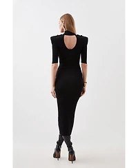 Karen Millen Women's Rib Knit Power Shoulder Maxi Dress
