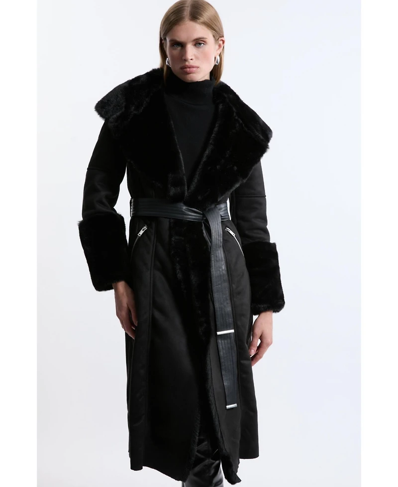 Karen Millen Women's Faux Shearling Belted Midi Coat