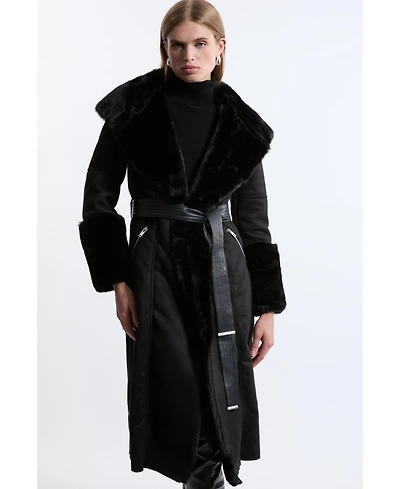 Karen Millen Women's Faux Shearling Belted Midi Coat