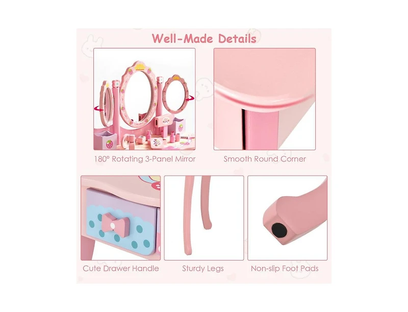 Boyel Living Kids Vanity Princess Makeup Dressing Table Chair Set with Tri-fold Mirror, White