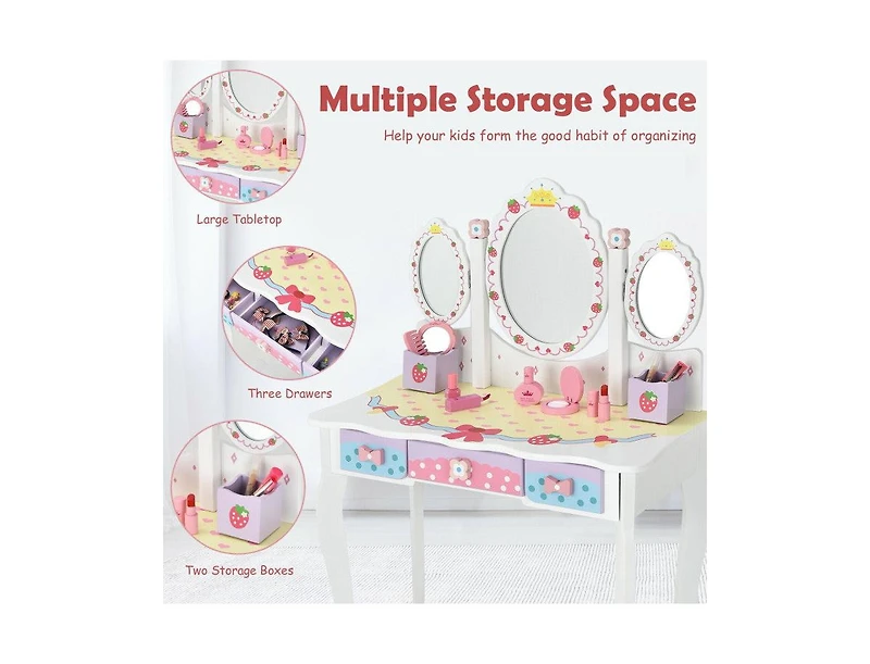 Boyel Living Kids Vanity Princess Makeup Dressing Table Chair Set with Tri-fold Mirror, White