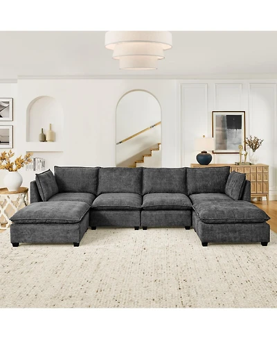 Streamdale Furniture Comfy Cloud 4-Seat Chenille Sofa Sleeper with Ottomans & Pillows