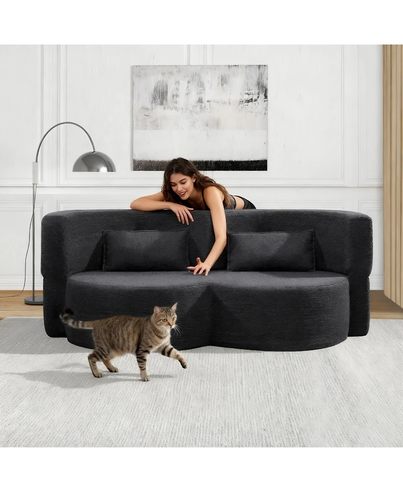 Streamdale Furniture Folding sofa bed, teddy bear fabric foam sleeper futon double sofa (black)