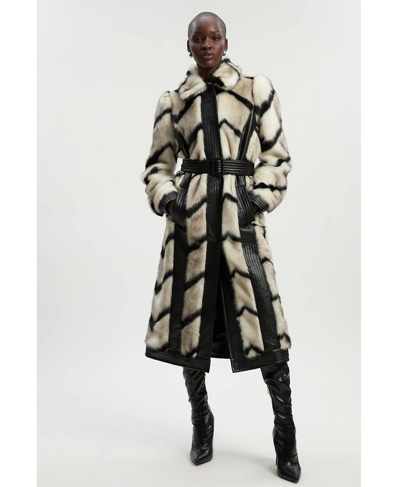 Karen Millen Women's Stripe Faux Fur Belted Long Coat