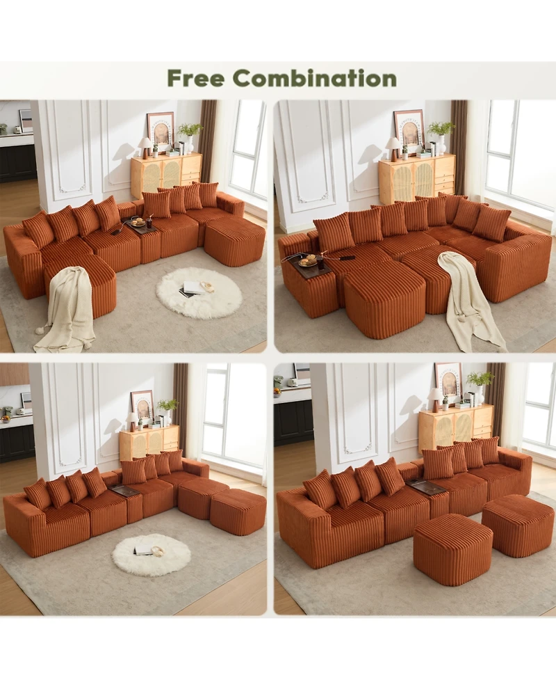 Streamdale Furniture U Shaped Sofa, Usb/Wireless Charge, Coffee Table, Movable, 6 Seats, Corduroy, Orange