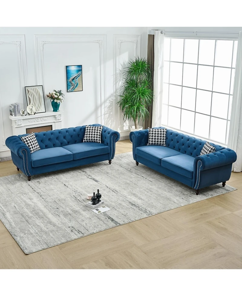 Streamdale Furniture Streamdale 3+3 Seater Blue Velvet Chesterfield Sofa with Roll Armrest & Nailhead