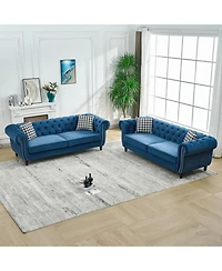 Streamdale Furniture Streamdale 3+3 Seater Blue Velvet Chesterfield Sofa with Roll Armrest & Nailhead