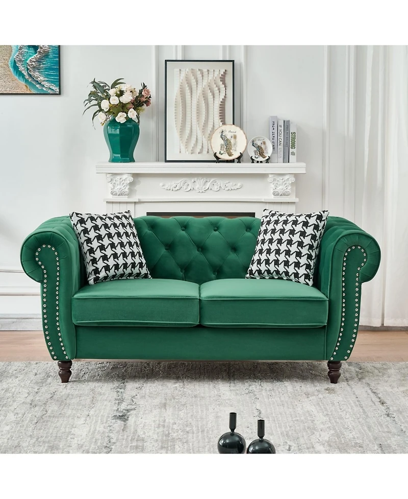 Streamdale Furniture Streamdale Chesterfield Velvet Sofa with Roll Armrest & Nailhead, Green
