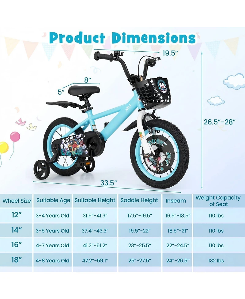 Hongge Kids Bike with Dual Brakes Adjustable Seat and Training Wheels for Ages 3 to 8