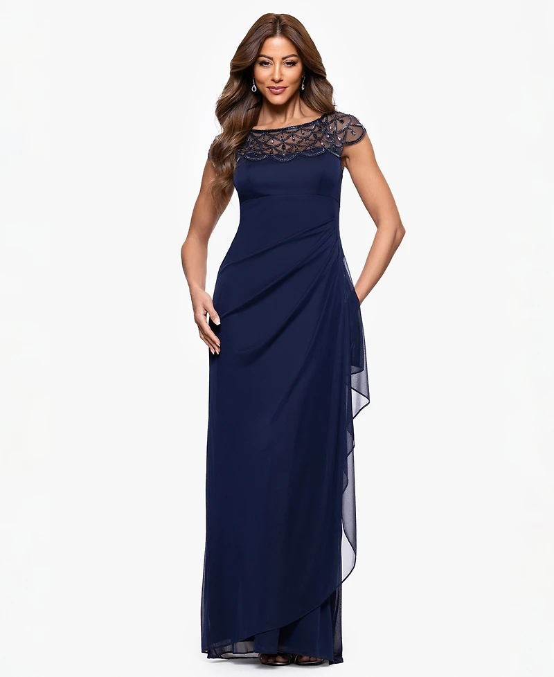 Xscape Petite Short-Sleeve Boat Neck Dress