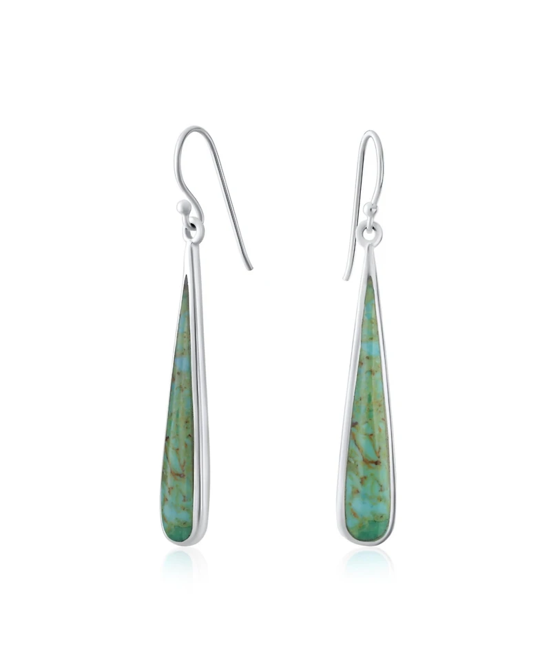 Bling Jewelry Boho Blue Stabilized Turquoise Inlay Long Flat Teardrop Shaped Dangle Earrings Sterling Silver French Wire