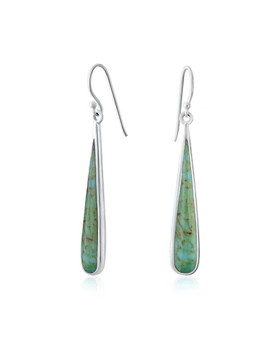 Bling Jewelry Boho Blue Stabilized Turquoise Inlay Long Flat Teardrop Shaped Dangle Earrings Sterling Silver French Wire