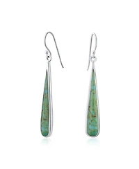 Bling Jewelry Boho Blue Stabilized Turquoise Inlay Long Flat Teardrop Shaped Dangle Earrings Sterling Silver French Wire