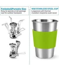 Aofar Camping Cookware Stove Carabiner Canister Stand Tripod and Stainless Steel Cup, Tank Bracket, Fork Spoon Kit