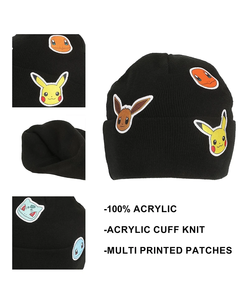 Pokemon Men's Printed Character Patches Black Cuff Beanie