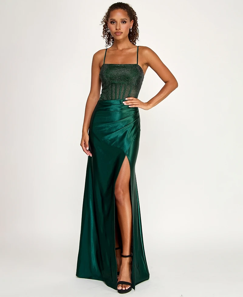 City Studios Juniors' Square Neck Side Slit Gown