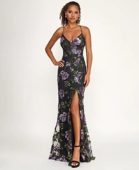 Say Yes Juniors' Floral Embroidery Sequin Applique Front Slit Gown
