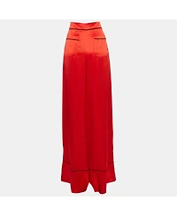 Pre-Owned Alexander Mcqueen Women's Red Satin Silk Wide-Leg Pants