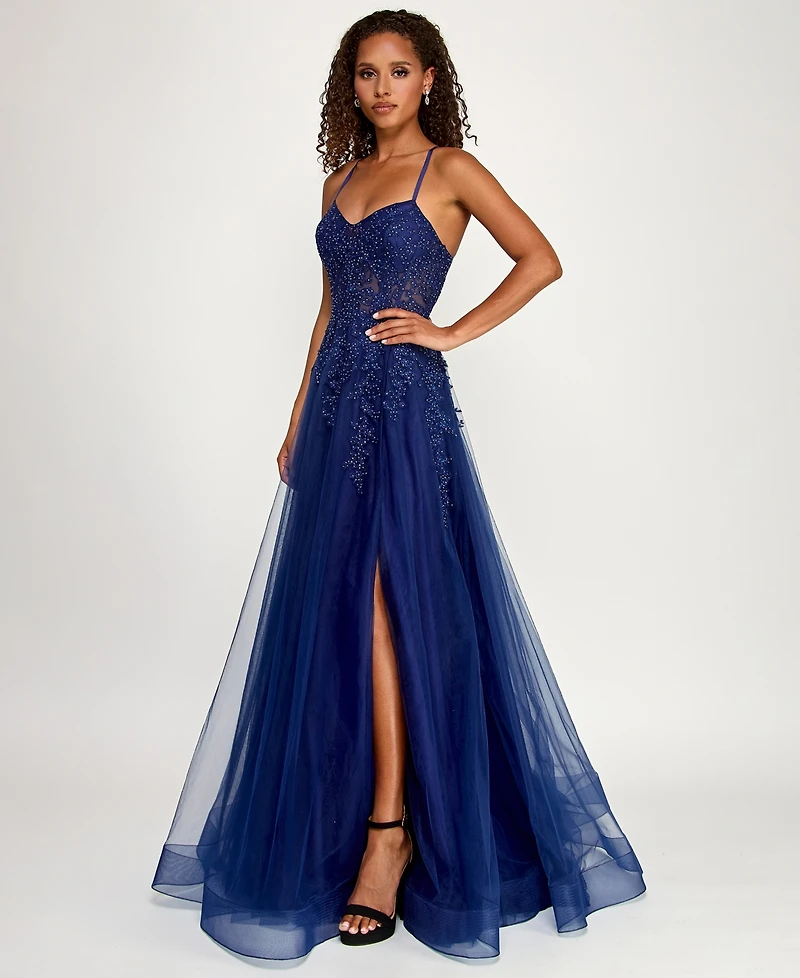 Say Yes Juniors' Embroidered Applique Side-Slit Ball Gown, Created for Macy's