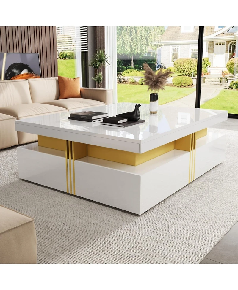 Streamdale Modern Glossy Square Storage Coffee Table with 4 Drawers, 43.3", Black