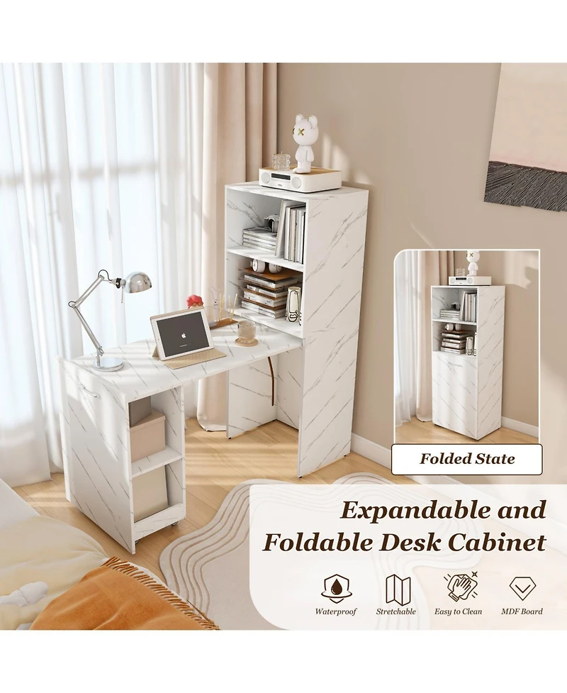 Streamdale Stretchable desk with storage shelves and wheels, foldable, white marble