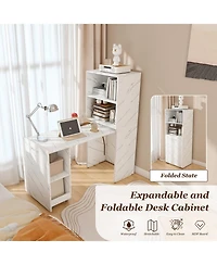 Streamdale Stretchable desk with storage shelves and wheels, foldable, white marble