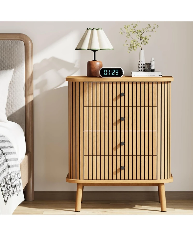 4 Drawer Dressers, Chest of Drawers for Bedroom, Nightstand, Spacious Storage Boho Wicker Dresser with Matte Black Handles and Wood Legs for Living Ro