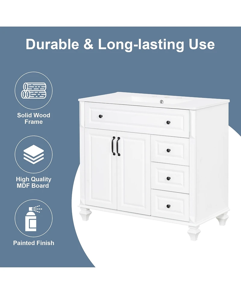 Casainc Solid Wood Vanity with Sink 3 Drawers 2 Doors Flip Drawer