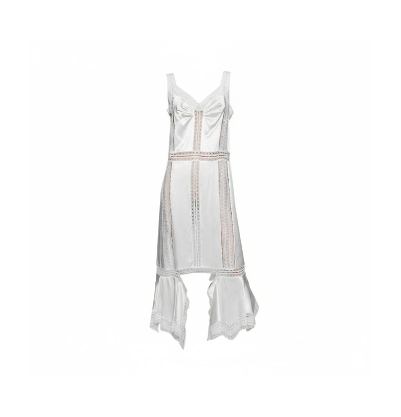 Pre-Owned Burberry Women's White Satin Silk & Chantilly Lace Sleeveless Slip Dress