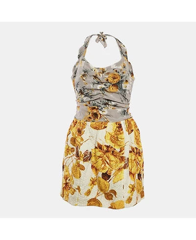 Pre-Owned Dolce & Gabbana Women's Grey/yellow Floral Print Jacquard And Crepe Halter Neck Dress