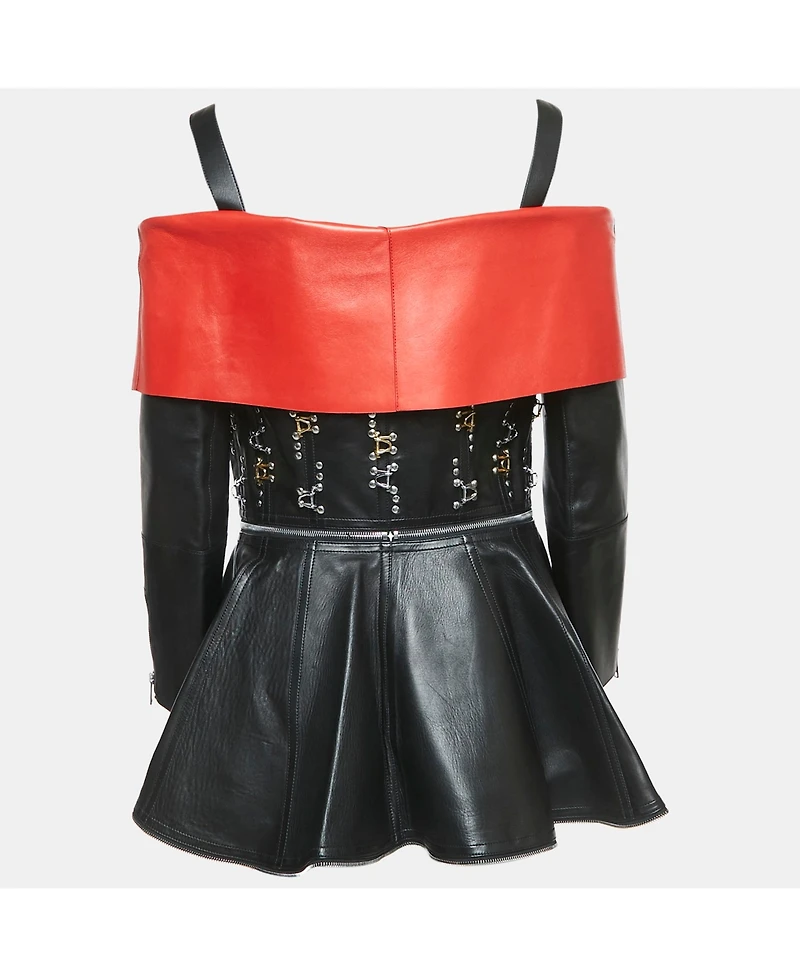 Pre-Owned Alexander Mcqueen Women's Black/red Leather Zip Front Cold-Shoulder Top