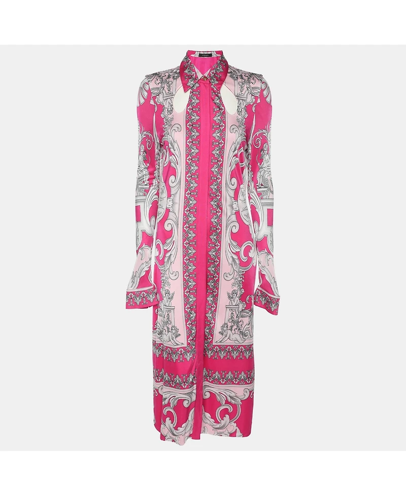 Pre-Owned Versace Women's Pink/silver Satin Baroque Cutout Midi Shirt Dress