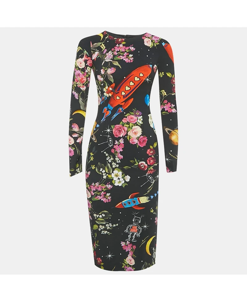 Pre-Owned Dolce & Gabbana Women's Black Printed Silk Midi Dress