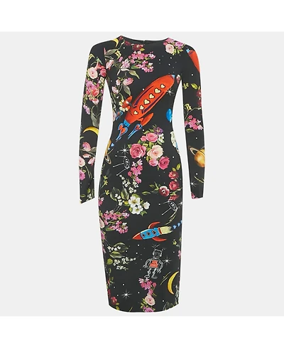 Pre-Owned Dolce & Gabbana Women's Black Printed Silk Midi Dress