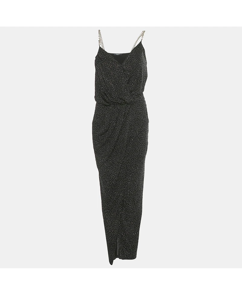 Pre-Owned Balmain Women's Black Studded Jersey Metallic Strap Maxi Dress