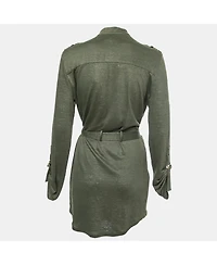 Pre-Owned Balmain Women's Kaki Green Knit Button-Embellished Belted Mini Dress