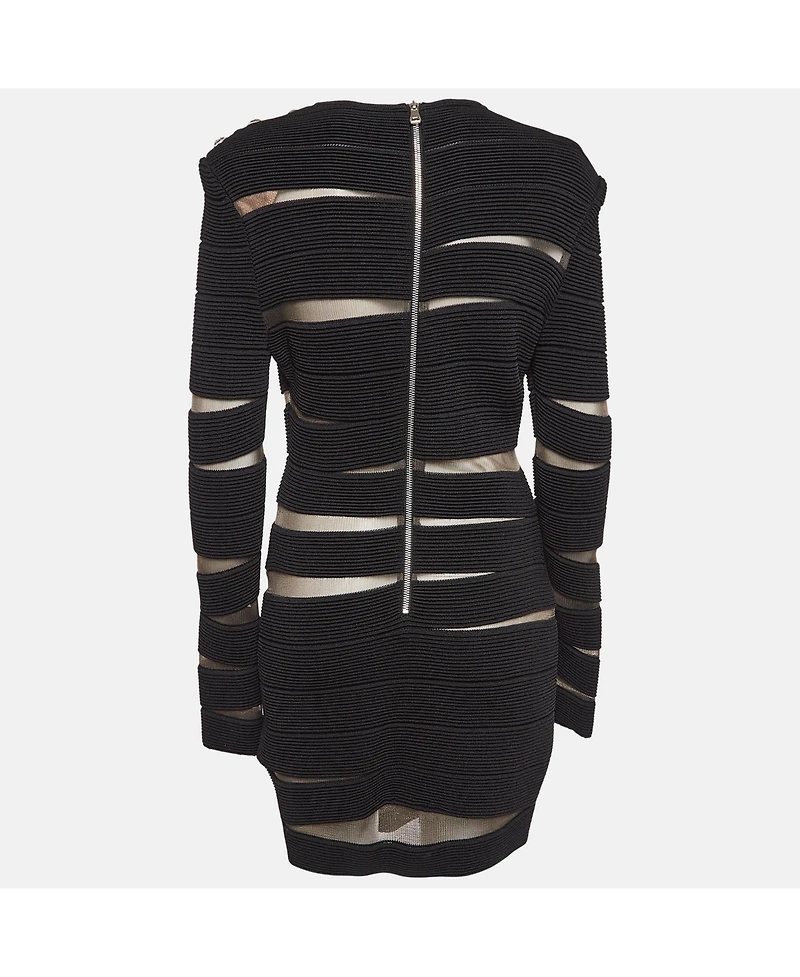 Pre-Owned Balmain Women's Black Open Knit Long Sleeve Mini Dress