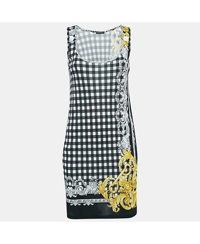 Pre-Owned Versace Women's Black Checks And Barocco Print Jersey Bodycon Dress