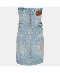 Pre-Owned Versace Women's Blue Logo Print Denim Strapless Mini Dress