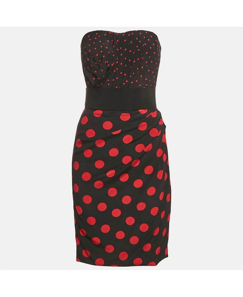Pre-Owned Dolce & Gabbana Women's Black Polka Dots Print Silk Strapless Mini Dress