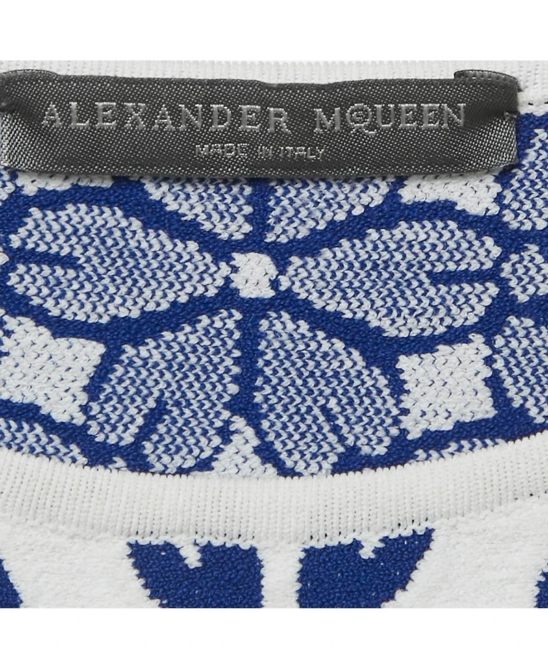 Pre-Owned Alexander Mcqueen Women's White/blue Floral Pattern Stretch Knit Mini Dress