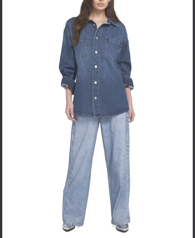 Elle Collection Women's Feather Soft Denim Shirt Button Down Top